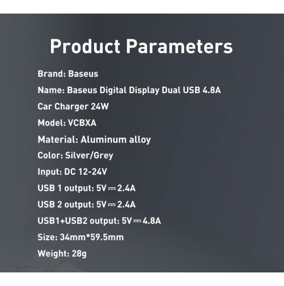 Baseus 2x USB 4.8A 24W billaddare med LCD + 3in1 kabel USB - USB Typ C / micro USB / Lightning 1.2m svart (TZCCBX-0G)