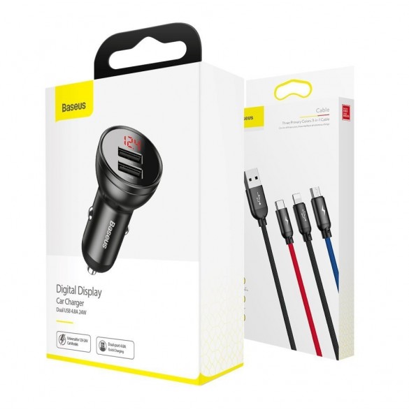 Baseus 2x USB 4.8A 24W billaddare med LCD + 3in1 kabel USB - USB Typ C / micro USB / Lightning 1.2m svart (TZCCBX-0G)