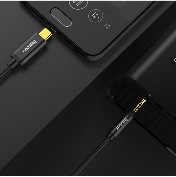 Baseus stereoljudkabel AUX 3,5 mm minijack - USB Typ C för surfplatta 120cm svart (CAM01-01)