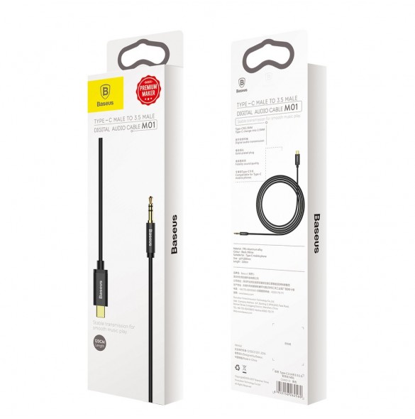 Baseus stereoljudkabel AUX 3,5 mm minijack - USB Typ C för surfplatta 120cm svart (CAM01-01)