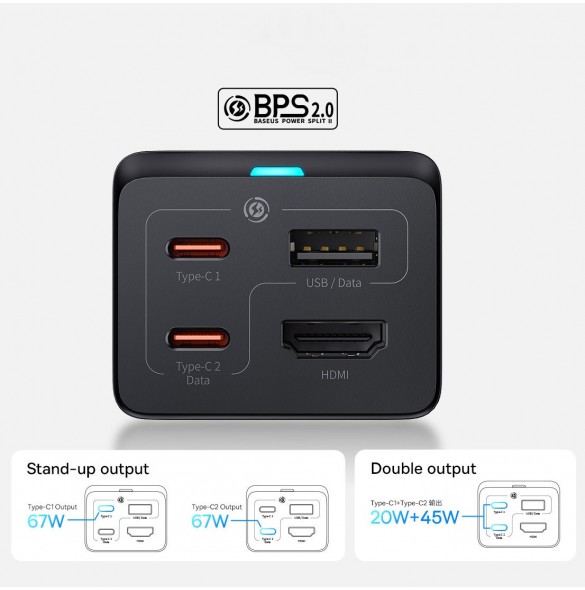 Baseus snabbladdare GaN5 Pro HUB HDMI 2 x USB-C / USB-A / HDMI 4K 30Hz 1,5m svart + USB-C-kabel - USB-C 100W 40Gb/s (USB4) 1m (C