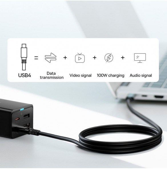 Baseus snabbladdare GaN5 Pro HUB HDMI 2 x USB-C / USB-A / HDMI 4K 30Hz 1,5m svart + USB-C-kabel - USB-C 100W 40Gb/s (USB4) 1m (C