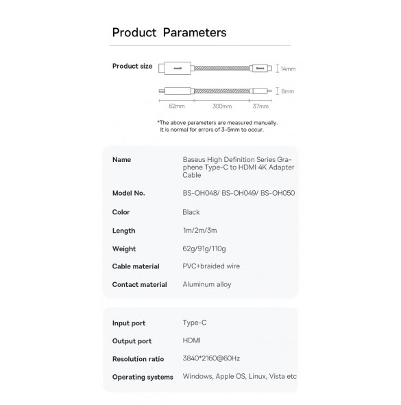 Baseus High Definition Series adapterkabel USB Typ C - HDMI 2.0 4K 60Hz 3m svart (WKGQ010201)