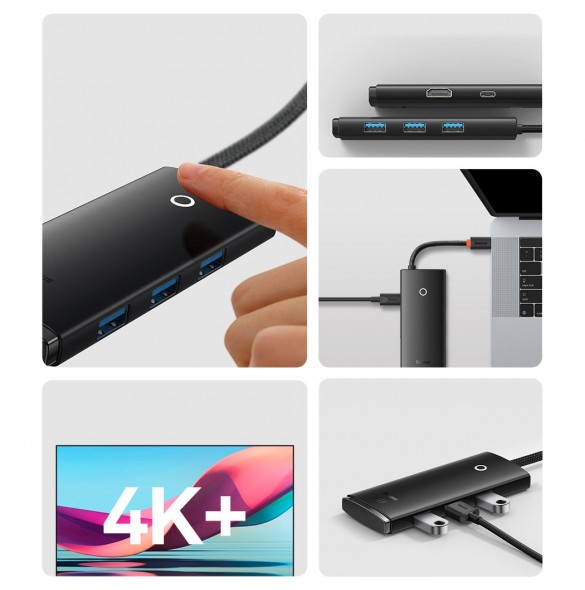 Baseus Lite Series HUB-adapter USB Typ C - HDMI / 4x USB 3.0 20cm svart (WKQX040001)