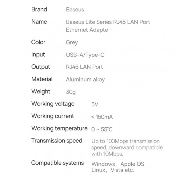 Baseus Lite Series-adapter USB Typ C - RJ45 LAN-uttag 100 Mbps grå (WKQX000213)