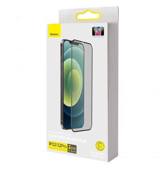 Baseus 2x härdat glas 0,3 mm Anti Spy helskärmsram iPhone 12 Pro / iPhone 12 (SGAPIPH61P-KS01) (fodralvänlig)