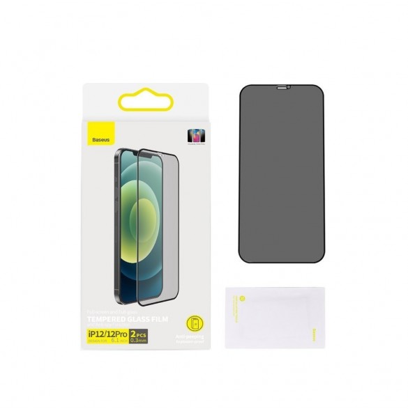 Baseus 2x härdat glas 0,3 mm Anti Spy helskärmsram iPhone 12 Pro / iPhone 12 (SGAPIPH61P-KS01) (fodralvänlig)