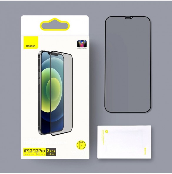 Baseus 2x härdat glas 0,3 mm Anti Spy helskärmsram iPhone 12 Pro / iPhone 12 (SGAPIPH61P-KS01) (fodralvänlig)