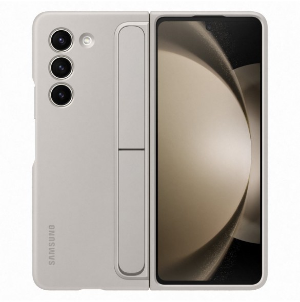Silikonfodral till Samsung Galaxy Z Fold 5 med stativ och rem - beige