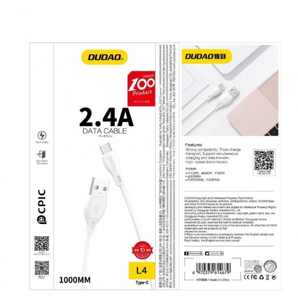 Dudao-kabel USB / Lightning-kabel 2,4A 1m vit (L4L 1m vit)