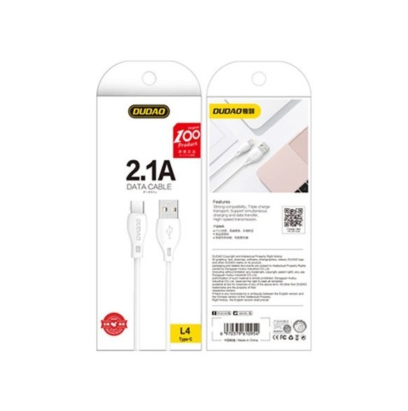 Dudao-kabel USB Typ C 2.1A 2m vit (L4T 2m vit)