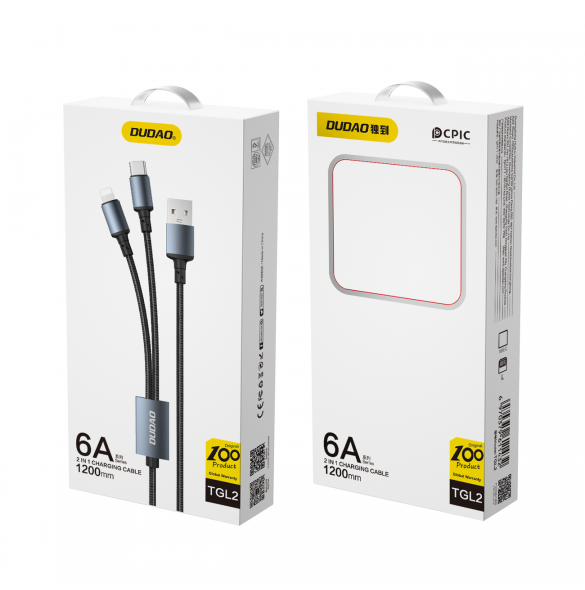 Dudao 2in1 USB-kabel för laddning USB-A - USB-C / Lightning 6A 1,2m svart (TGL2)
