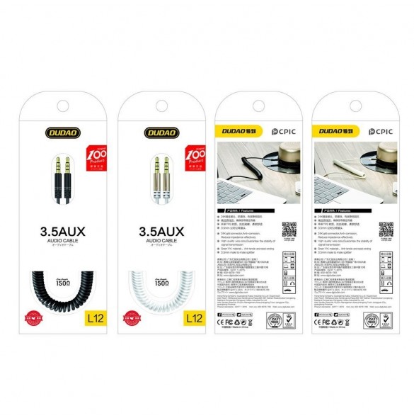 Dudao lång töjbar kabel AUX minijack 3,5 mm fjäder 150 cm vit (L12 vit)