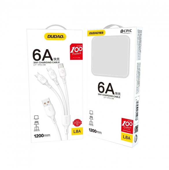 USB-kabel - USB C / micro USB / Lightning 480Mb/s 6A 1,2m - vit
