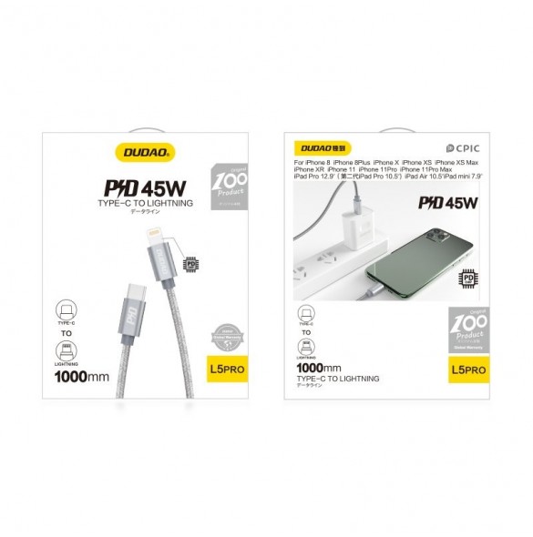Dudao-kabel USB Typ C-kabel - Lightning Power Delivery 45W 1m grå (L5Pro grå)