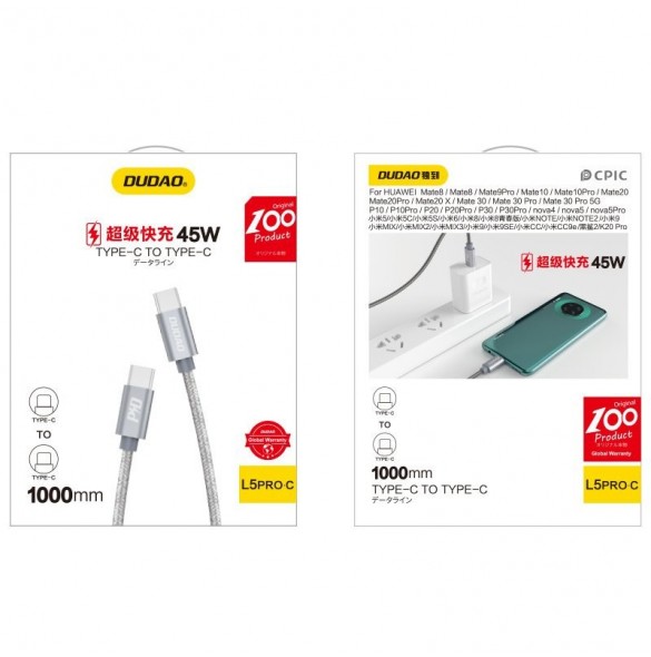 Dudao-kabel USB Typ C - USB Typ C 5 A 45 W 1 m Strömförsörjning Snabbladdning grå (L5ProC)