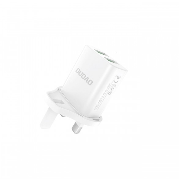 Dudao väggladdare UK-kontakt (Storbritannien) 2xUSB-A 2.4A vit + USB-A-kabel - USB-C vit