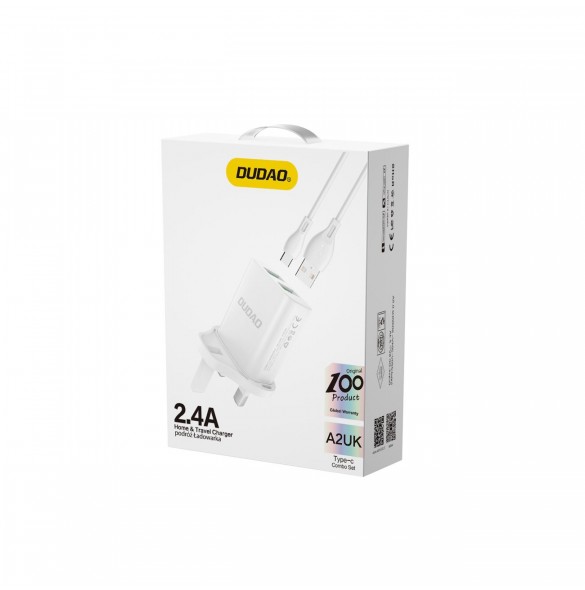 Dudao väggladdare UK-kontakt (Storbritannien) 2xUSB-A 2.4A vit + USB-A-kabel - USB-C vit