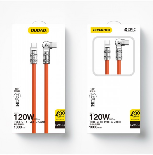 Vinklad kabel USB C - USB C 120W 1m rotation 180° Dudao - orange