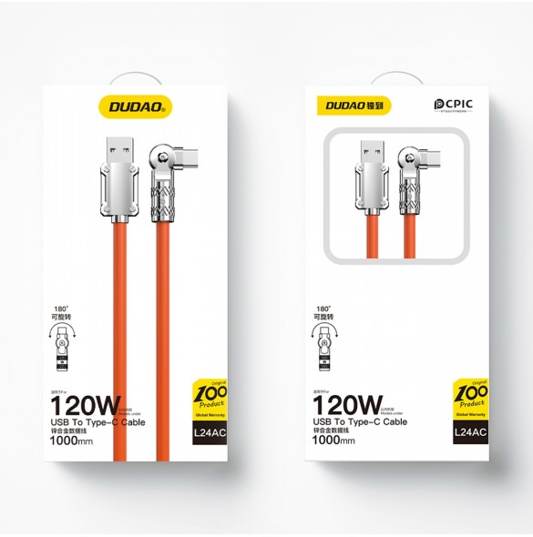 Vinklad kabel USB - USB C 120W rotation 180Â° Dudao 120W 1m - orange