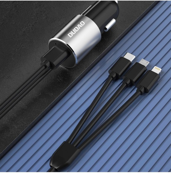 Dudao 3in1 USB billaddare 3,4 A inbyggd kabel Lightning / USB Typ C / micro USB svart (R5ProN svart)
