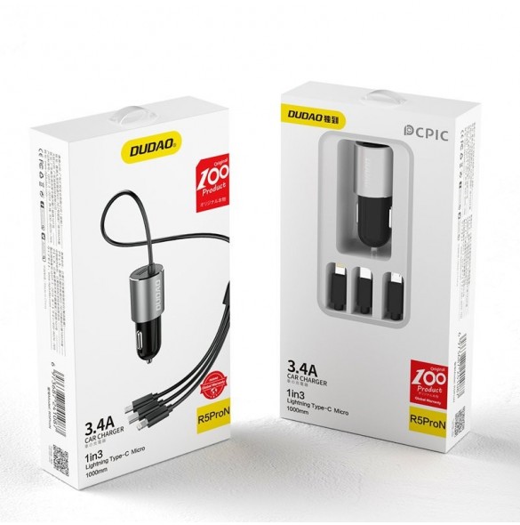 Dudao 3in1 USB billaddare 3,4 A inbyggd kabel Lightning / USB Typ C / micro USB svart (R5ProN svart)