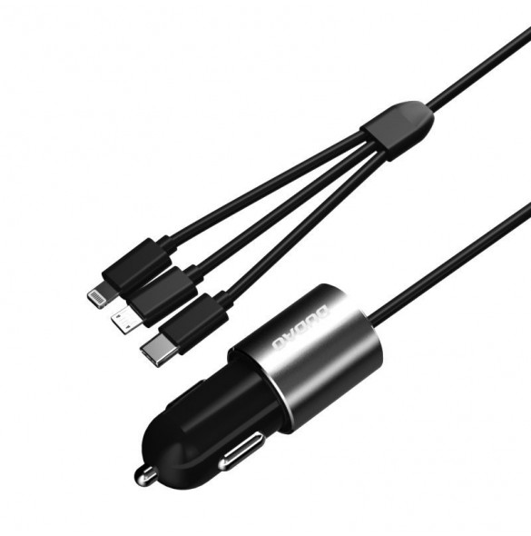 Dudao 3in1 USB billaddare 3,4 A inbyggd kabel Lightning / USB Typ C / micro USB svart (R5ProN svart)