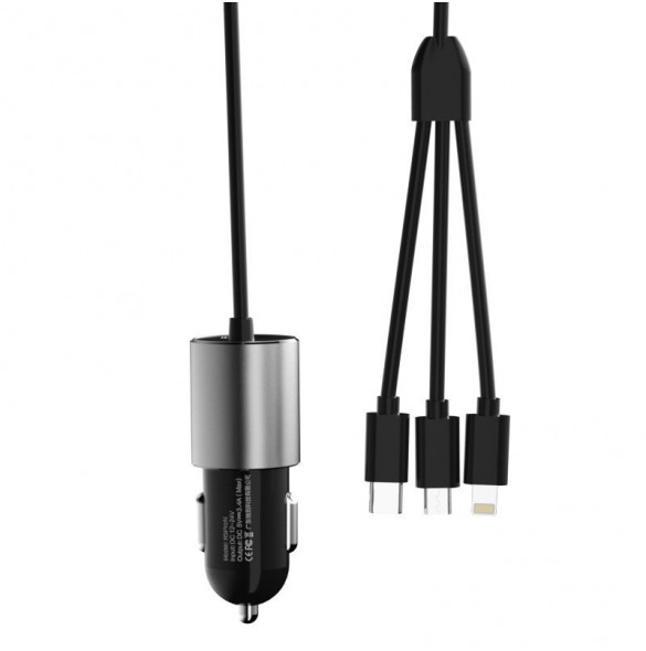 Dudao 3in1 USB billaddare 3,4 A inbyggd kabel Lightning / USB Typ C / micro USB svart (R5ProN svart)