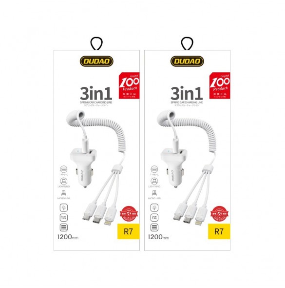 Dudao bilsatsladdare 2x USB 2.4A + kabel USB 3in1 Lightning / Typ C / micro USB-kabel vit (R7 vit)