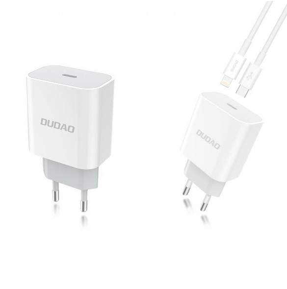 Dudao fast EU USB Type C Power Delivery 18W laddare + kabel USB Type C / Lightning-kabel 1m vit (A8EU + PD-kabel vit)