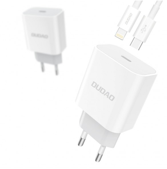 Dudao fast EU USB Type C Power Delivery 18W laddare + kabel USB Type C / Lightning-kabel 1m vit (A8EU + PD-kabel vit)