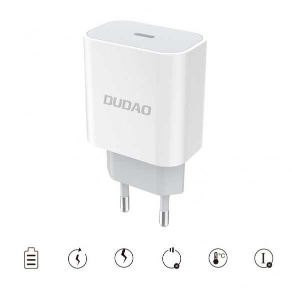 Dudao fast EU USB Type C Power Delivery 18W laddare + kabel USB Type C / Lightning-kabel 1m vit (A8EU + PD-kabel vit)