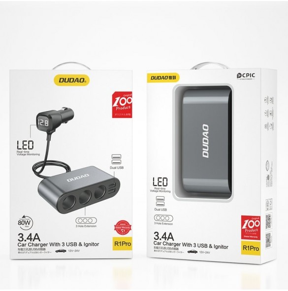 Dudao billaddare 2x USB / 3x cigarettändare splitter svart (R1Pro svart)