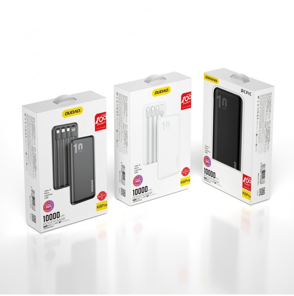 Dudao K6Pro Universal 10000mAh Power Bank med USB-kabel, USB Typ C, Blixtvit (K6Pro-vit)