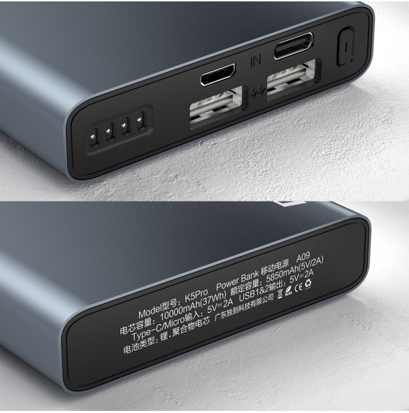 Dudao metall powerbank med LED-indikator 10000mAh silver (K5Pro)