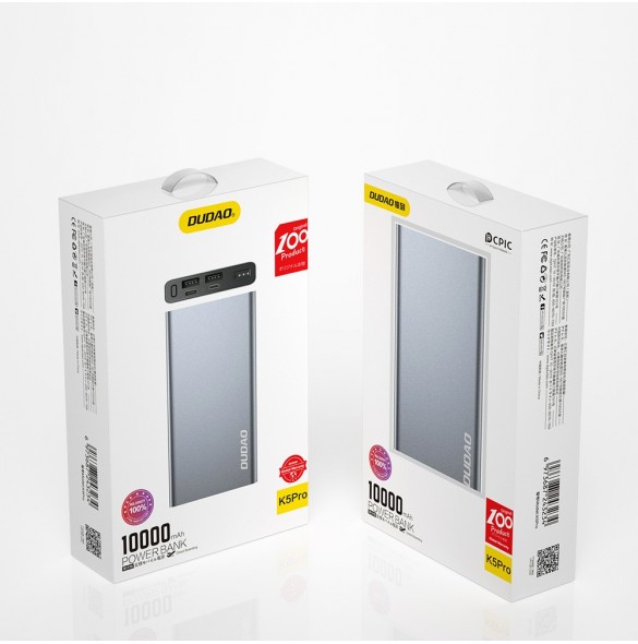 Dudao metall powerbank med LED-indikator 10000mAh silver (K5Pro)