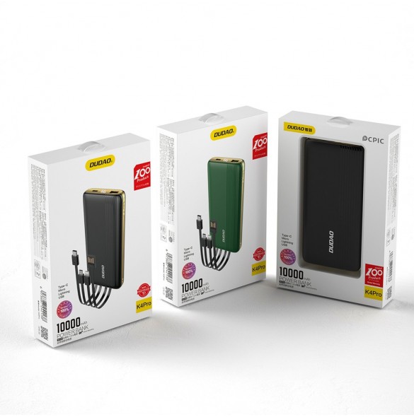 Dudao K4Pro powerbank med inbyggda kablar 10000mAh LED display grön
