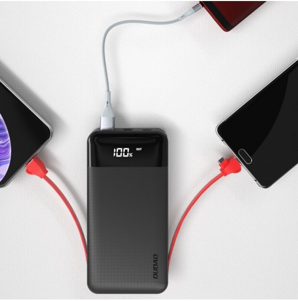 Dudao 2x USB powerbank 10000mAh 2A inbyggd kabel 3in1 Lightning / USB Typ C / micro USB 3A svart (K1A svart)