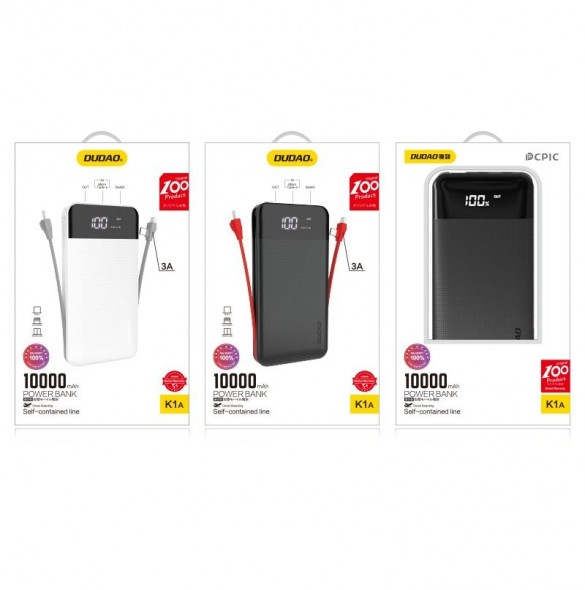 Dudao 2x USB powerbank 10000mAh 2A inbyggd kabel 3in1 Lightning / USB Typ C / micro USB 3A svart (K1A svart)