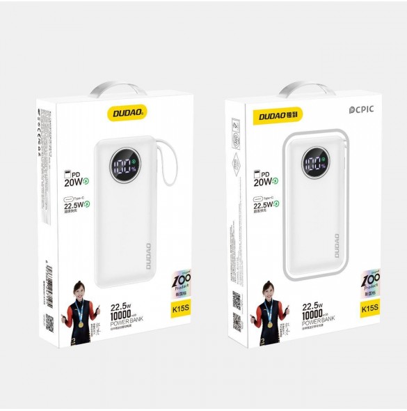 Dudao powerbank 10000mAh USB-A / USB-C 22,5W med inbyggd Lightning-kabel och USB-C vit (K15sW)
