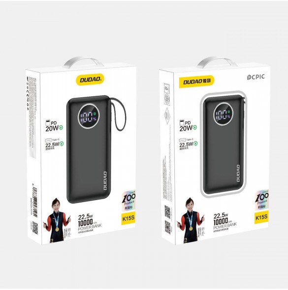 Dudao powerbank 10000mAh 1xUSB-A / 1xUSB-C 22,5W med inbyggd kabel 1xLightning / 1xUSB-C svart (K15sB)