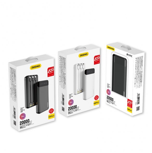 Dudao rymlig powerbank med 3 inbyggda kablar 20000mAh USB Typ C + micro USB + Blixtvit (Dudao K6Pro +)