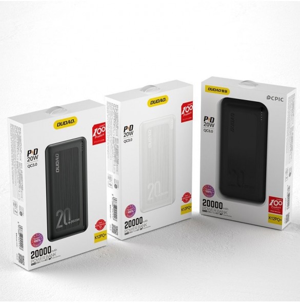 Dudao powerbank 20000 mAh Strömförsörjning 20 W Snabbladdning 3.0 2x USB / USB Typ C vit (K12PQ + vit)