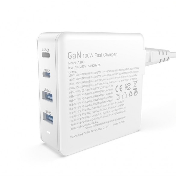 GaN 100W 2 x USB-C / 2 x USB snabbladdare Dudao A100EU - vit