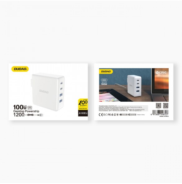 GaN 100W 2 x USB-C / 2 x USB snabbladdare Dudao A100EU - vit