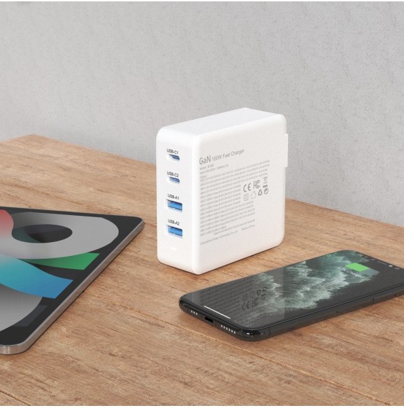 GaN 100W 2 x USB-C / 2 x USB snabbladdare Dudao A100EU - vit