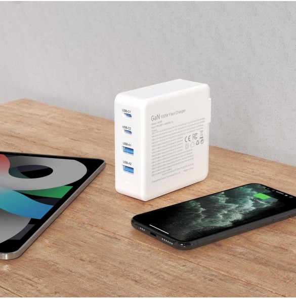 GaN 100W 2 x USB-C / 2 x USB snabbladdare Dudao A100EU - vit
