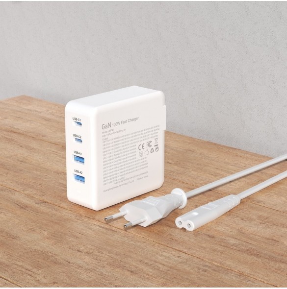 GaN 100W 2 x USB-C / 2 x USB snabbladdare Dudao A100EU - vit