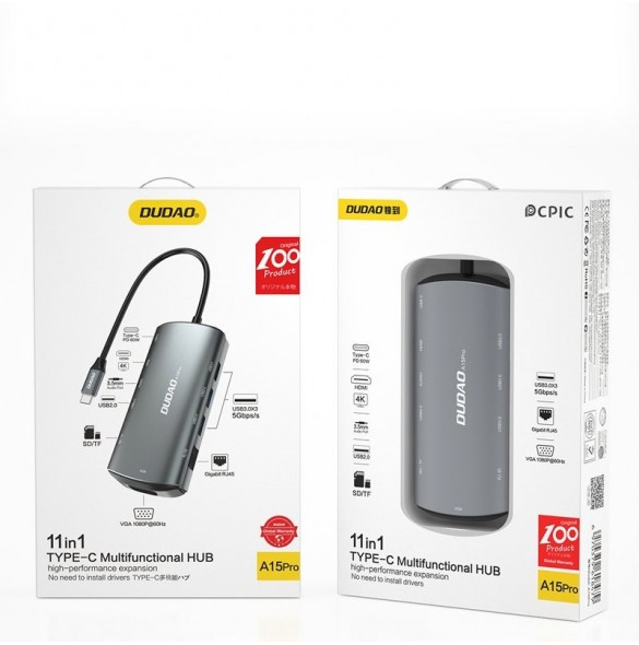Dudao 11in1 multifunktionell HUB USB Typ C - USB Typ C PD 60 W / HDMI / 3,5 mm minijack / 1x USB 2.0 / SD-kortläsare micro S