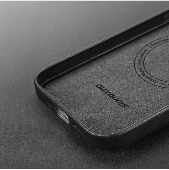 Dux Ducis Grit Läderfodral för iPhone 14 Elegant konstläderfodral (MagSafe-kompatibelt) Svart